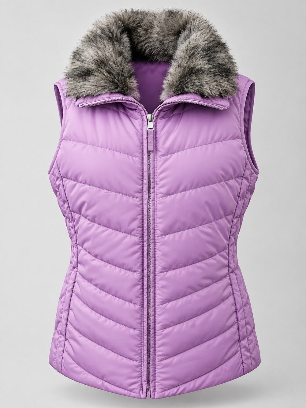 Talbots Women's Size L Purple Quilted Puffer Vest Faux Fur Collar Warm Down Fill
